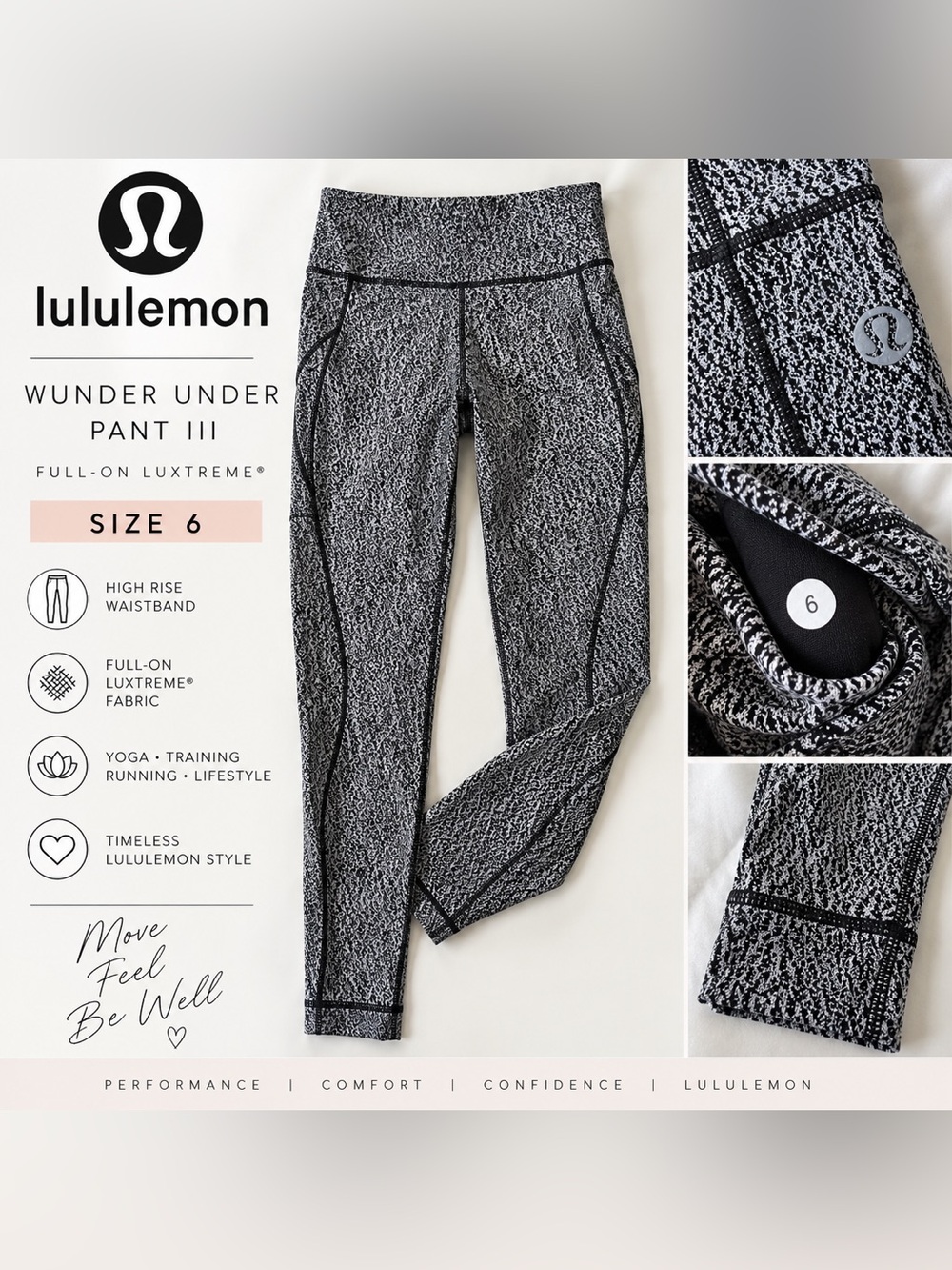Lululemon Wunder Under Pant III Size 6 Line Up White Black Full-On Luxtreme